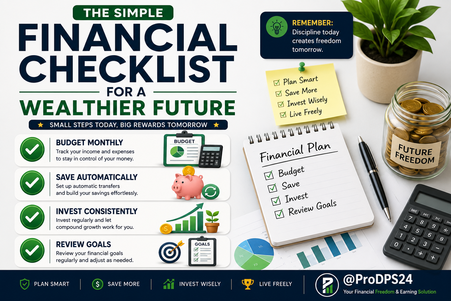 Illustration of a financial checklist featuring monthly budgeting, automatic savings, consistent investing, and goal reviews with charts, calculator, savings jar, and money management icons for building long-term wealth.