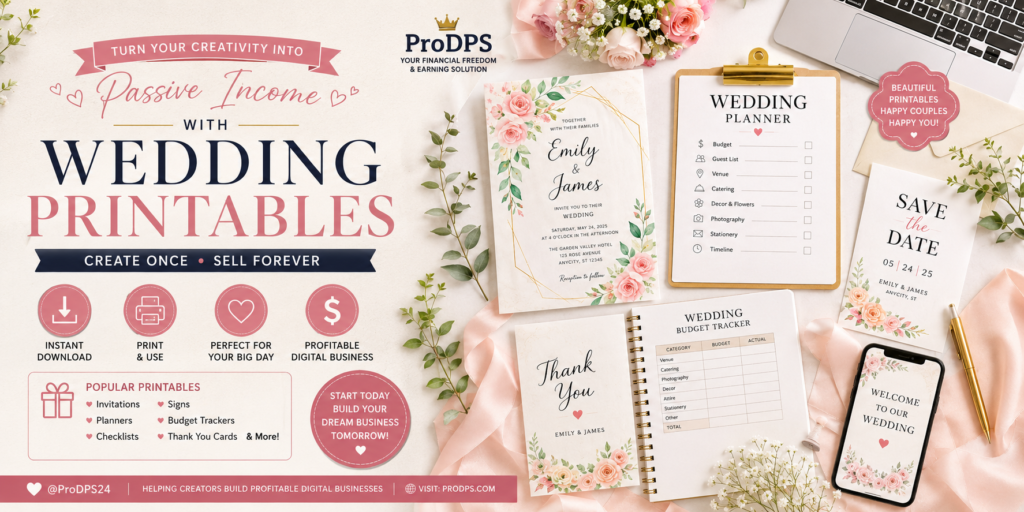 Wedding printables income Pinterest pin featuring wedding invitations, planners, printable templates, and digital products for passive income.