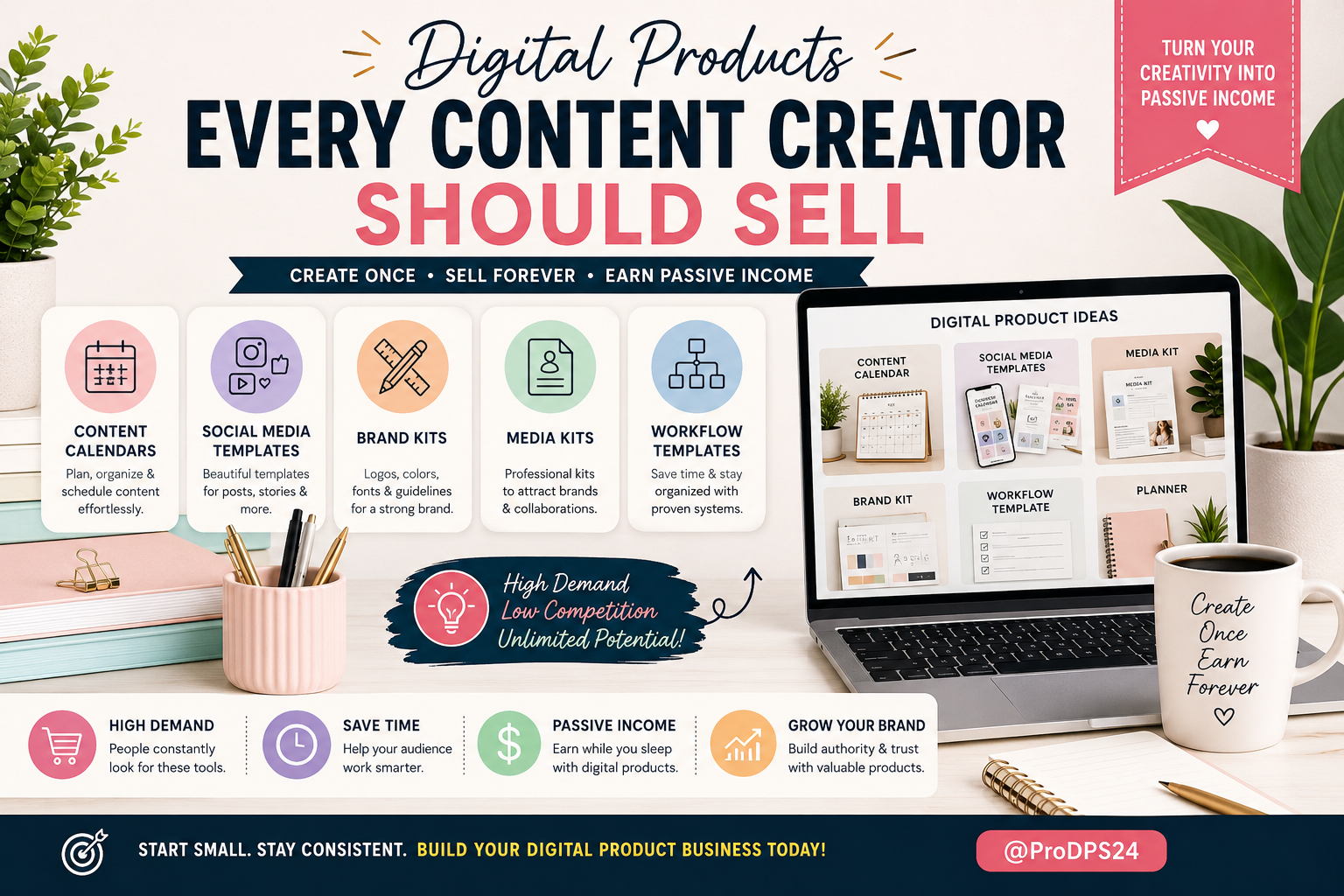 Modern blog banner featuring digital products for content creators, including content calendars, social media templates, brand kits, media kits, workflow templates, and passive income tools on a clean workspace.