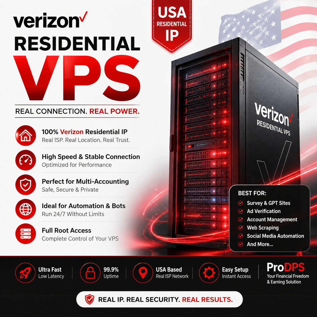 USA Verizon Residential VPS with fast SSD performance, stable residential network, secure remote desktop access, and premium USA virtual private server.