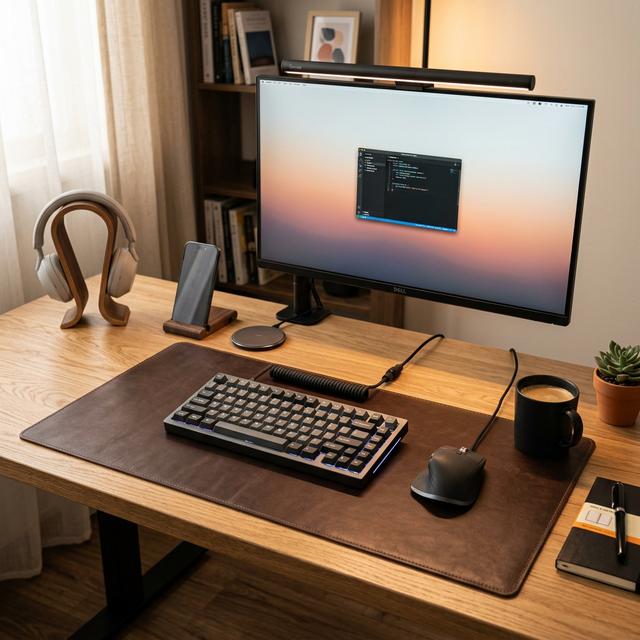 Monitor light bar illuminating a modern home office desk with a computer monitor and keyboard.